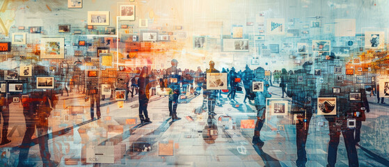 Abstract space of social media, digital screens with news and content as background. Concept of global network, ai world, online, people.