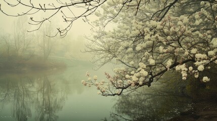 Foggy and misty morning scenery in spring