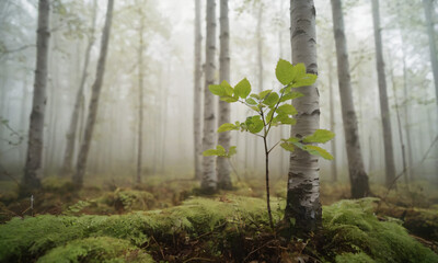 Birch sapling growing in a forest
