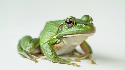 Obraz premium Green frog head close up view on white background.