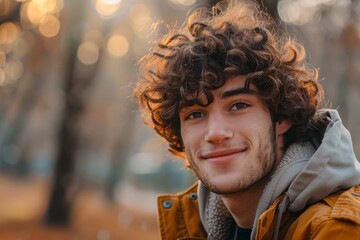 Obraz premium Young Man with Curly Hair Outdoors in Autumn. Generative AI.