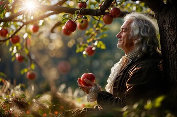 Isaac Newton under an Apple Tree, Holding an Apple, Contemplating His Theory, Reflecting on Physics, Science, and Genius.