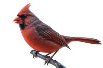Vivid red Northern Cardinal bird perched, perfect for designs needing a transparent, png bird image on a white background