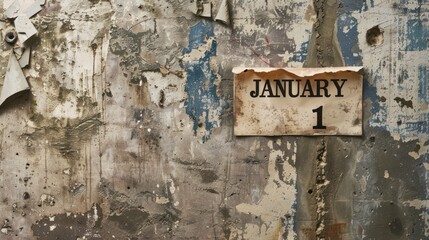 Text written January 1 on worn, damaged paper is stuck to the weathered wall.