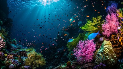 Fototapeta premium Colorful coral reef teeming with life, Sun beams illuminating a vibrant coral reef teeming with life