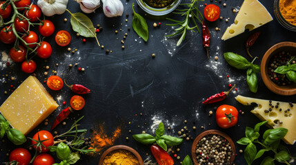 Pizza Cooking Ingredients On Black Background, Top View. With a lot of free space in the middle. Space For text.