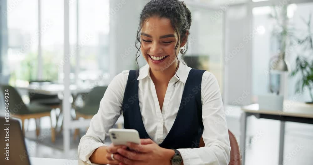 Poster happy, business woman and smartphone in office typing text for social media post and online communic