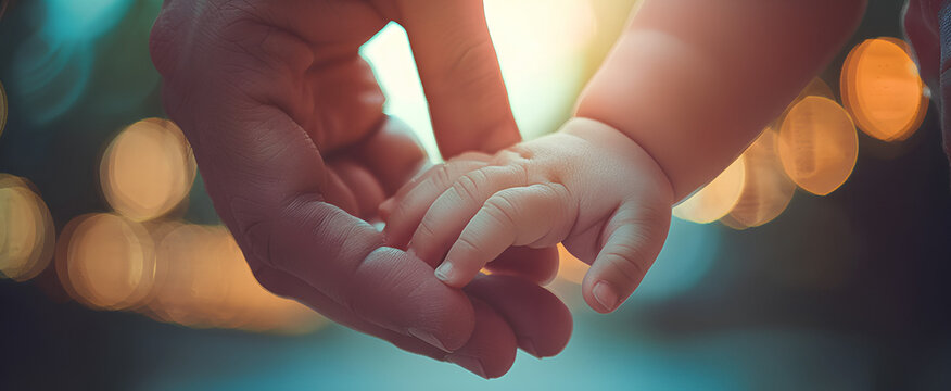 
Parent holding hand of cute infant newborn baby child. Close up photo. Parental Bonding and Connection