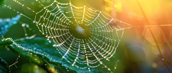 A spiderweb glistening with morning dew