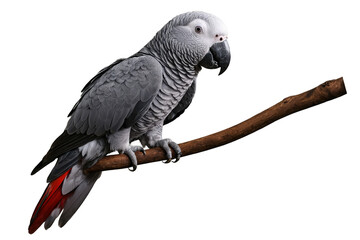 Naklejka premium Realistic African Grey Parrot perched on a wooden branch with a transparent, white background, png