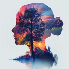 Colorful double exposure portrait of a woman and nature.