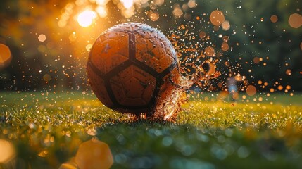 Close-up of a football being kicked in the air. Showing the lively action of a football match.