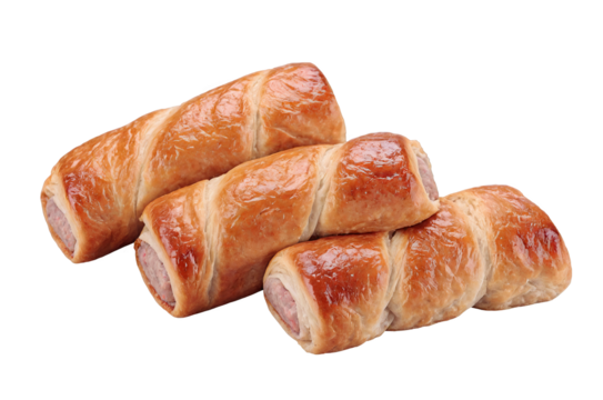 Pile of freshly baked sausage rolls isolated on a transparent, white background as a png image