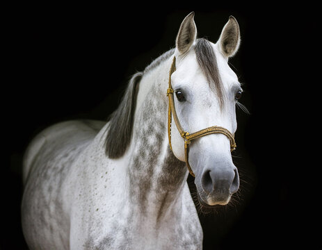A dapple-grey horse with a dark mane and tail, wearing a bridle, gazes calmly at the camera against a black background
