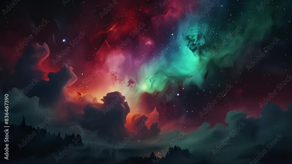 Wall mural through colorful celestial nebula spectrum fog deep colors space backdrop