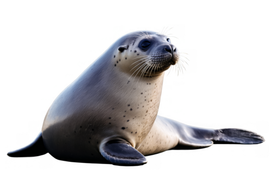 A life-like seal posing on a floor with realistic fur detail, rendered on a white background for easy png use