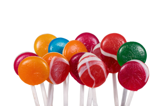 An array of colorful lollipops with different patterns, set against a transparent, white background, in a png file format