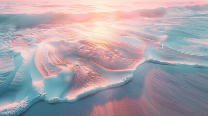 surreal beach with pastel sand and ocean waves, soft colors, tranquil and serene atmosphere