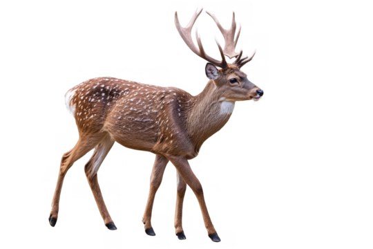 A graceful spotted deer with impressive antlers is presented with a transparent, png background for nature-themed compositions