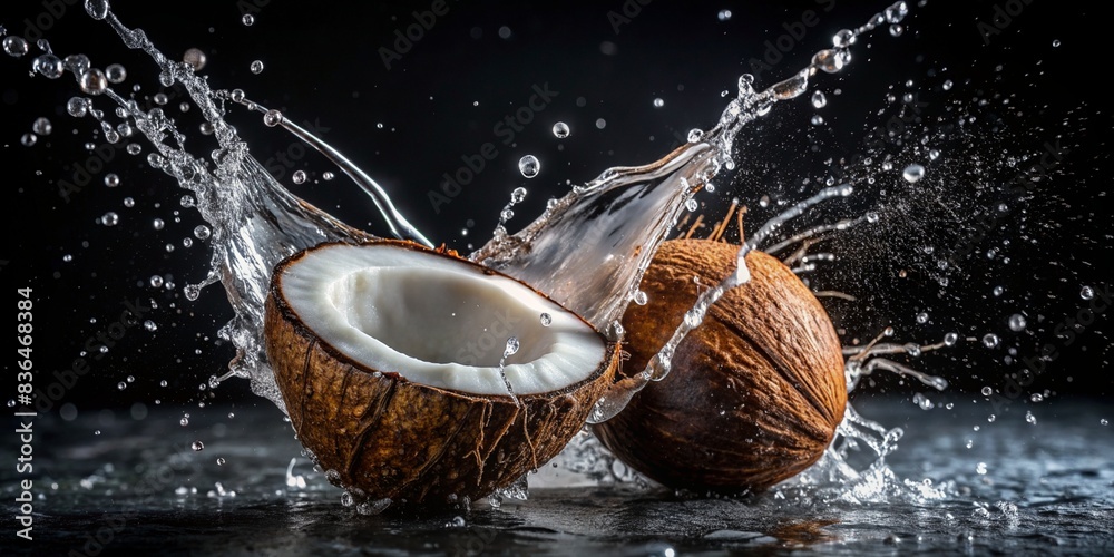 Wall mural coconut with water droplets and half submerged in water on a black background - Generative AI