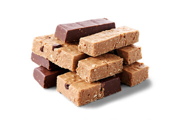 A variety of peanut brittle and chocolate bars stacked with a transparent, png, white background