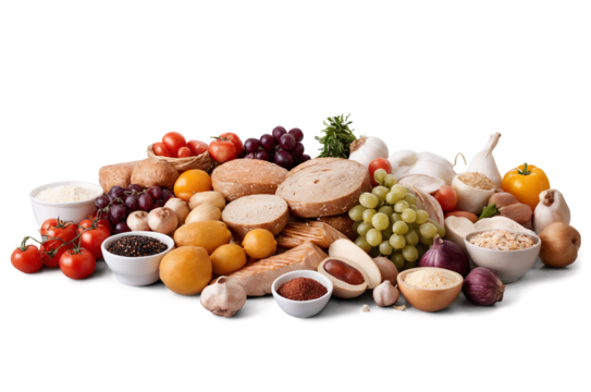 Fresh Mediterranean diet ingredients arrayed neatly on white background, ideal for png, transparent
