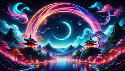 Obraz premium A stunning painting depicting a mountainous terrain with a pink and blue moon overhead. The brilliant circle of the moon encircles the mountains, illuminating them with moonlight. Generative AI