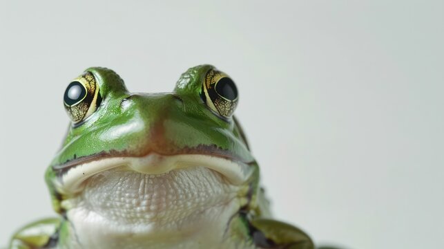 Green frog head close up view on white background.