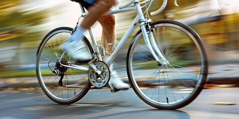 A close-up of a cyclist's legs pedaling rapidly, with motion blur capturing the speed