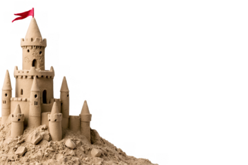 A detailed sandcastle with flag on top on a transparent, white background, png
