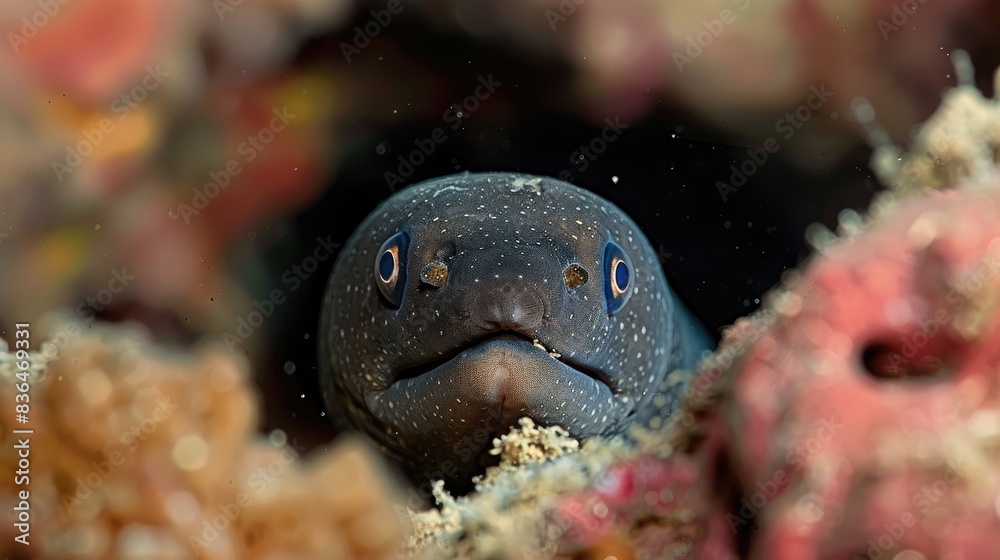 Wall mural moray eel peeking from within a rock gymnothorax miliaris