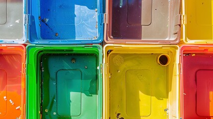 Multiple recycling bins from above, close shot, bright colors, clear midday lighting 