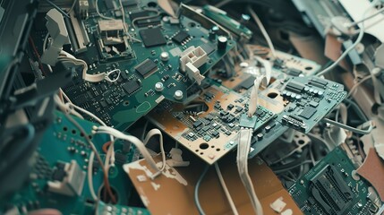 Fototapeta premium Electronic waste sorting, close-up of computer parts, cloudy day light 