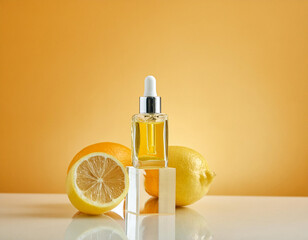 Front View of Lemon with Cosmetic Jar on Transparent Podium in Orange Background
