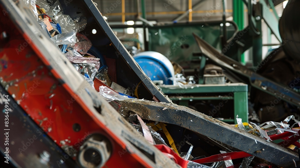 Wall mural Recycling machinery close-up, processing plastics, harsh factory lighting 