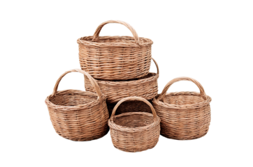 Stack of various handmade woven wicker baskets on a transparent, white background, ideal for png use