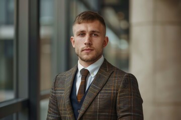 Fototapeta premium Young Professional in Plaid Suit. Generative AI.