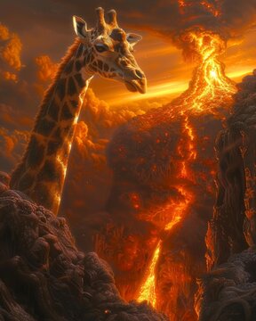 Giraffe standing near erupting volcano. Wildlife in danger concept.