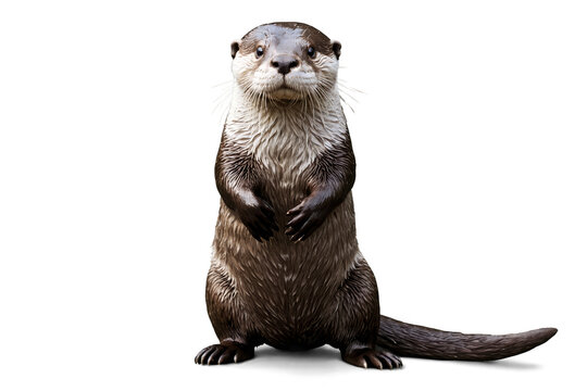 Adorable otter standing upright, png with detailed fur texture and cute expression on a transparent white background