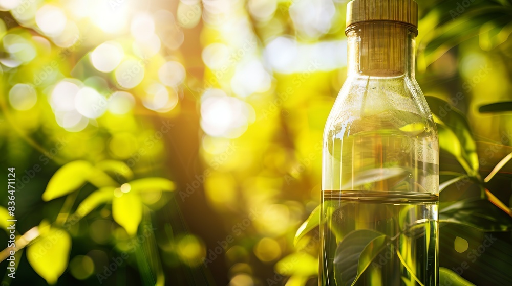 Wall mural Tight view of a reusable glass bottle with a bamboo lid, clear focus, vibrant background, sunlight filtering.