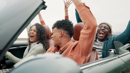 Group of friends, car and road trip with singing on travel, adventure or exploring on summer holiday or vacation. People, diversity and together on journey, destination or tourism as gen z in Italy