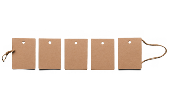Five blank brown paper tags aligned on a string against a transparent, white background, png for clear visibility