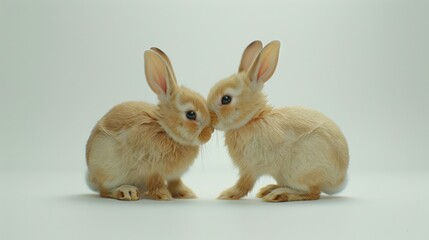 Fototapeta premium Cream bunny couple kissing isolated on plain white background. Animal cute pet.