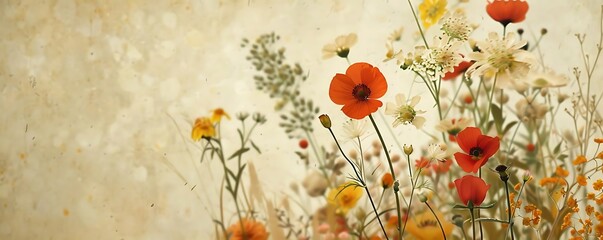 botanical background with colorful wildflowers, including orange, yellow, and red blooms, set against a white wall