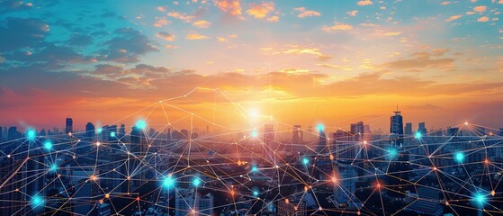 Fototapeta premium Smart city with connecting network and internet of things digital over the Skyline