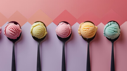 Obraz premium pastel ice cream scoops in black spoons on pink and purple background