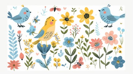 Vector illustration of spring elements with cute birds, colorful flowers, and buzzing bees in a whimsical hand-drawn style.