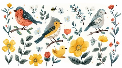 Vector illustration of spring elements with cute birds, colorful flowers, and buzzing bees in a whimsical hand-drawn style.