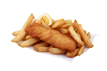Classic British fish and chips served on paper, captured against a transparent white background in PNG format