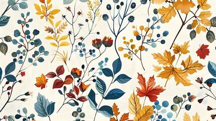 botanical pattern of colorful leaves and flowers on a isolated background